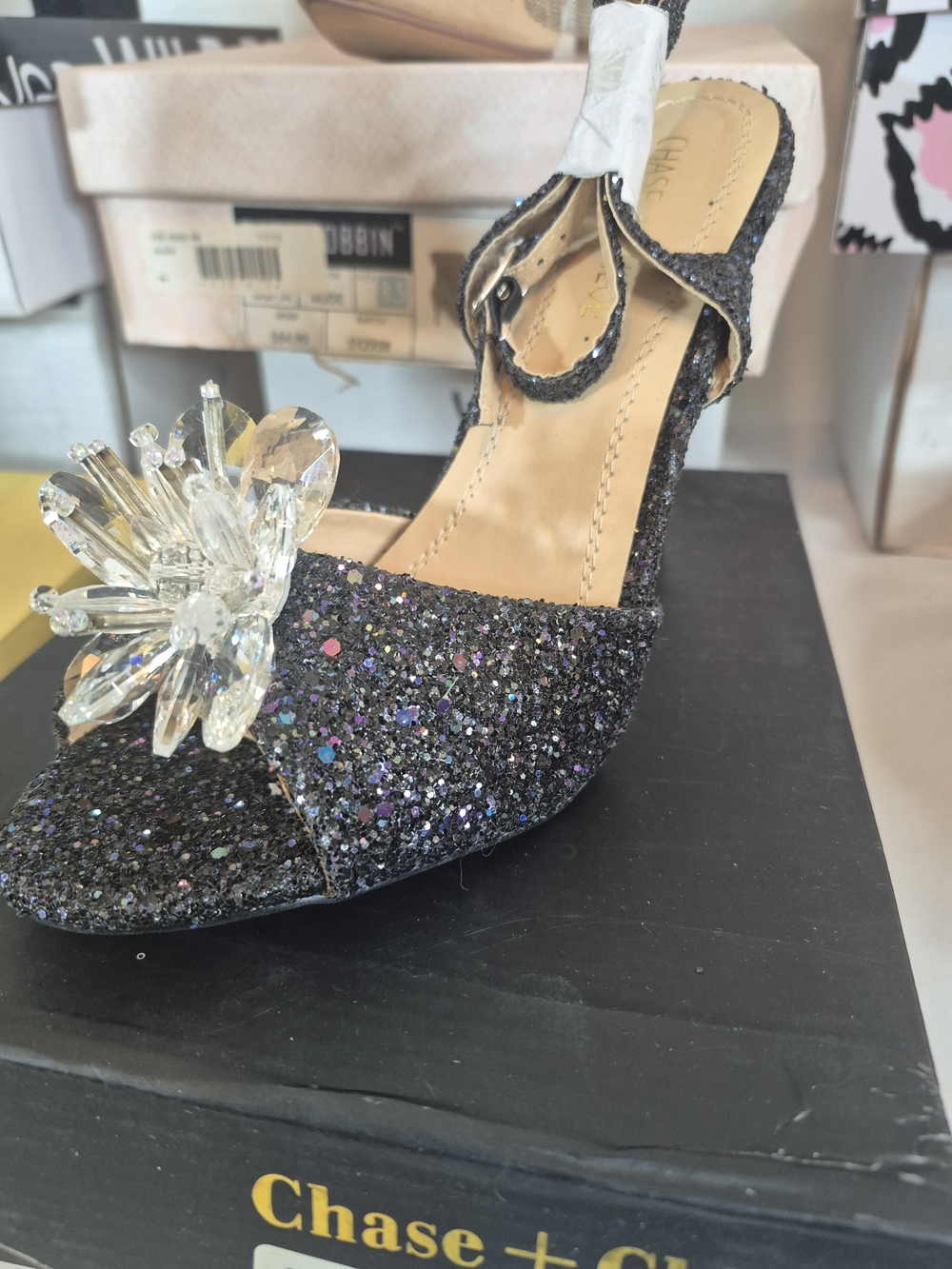 Chase + Chloe Black Glitter Ankle-Strap Pump with Crystal Flower